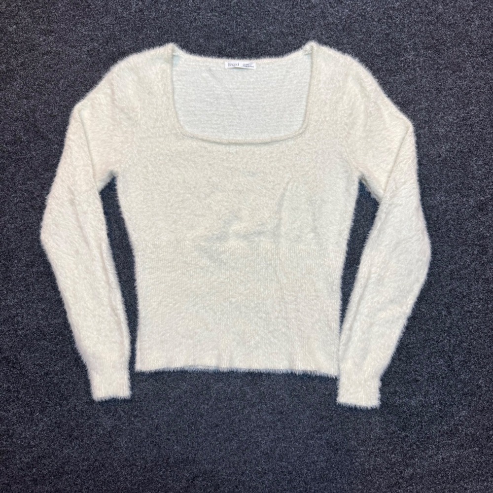 Becool Cream White Fuzzy Knit Square Neck Long Sleeve Sweater Size M/L